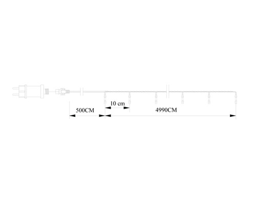 Technický nákres světelného řetězu s přívodním kabelem 500 centimetrů, rozestupem světel 10 centimetrů a celkovou délkou 4990 centimetrů.