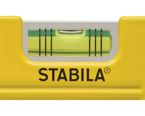 Detailní pohled na vodováhu Stabila s libelou a Stabila Logo.