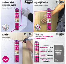 PU lepidlo Ceresit CT 84 Express Plus: aplikace při minus 10 stupních, rychlé kotvení a srovnání s cementovým lepidlem. Ceresit Logo.
