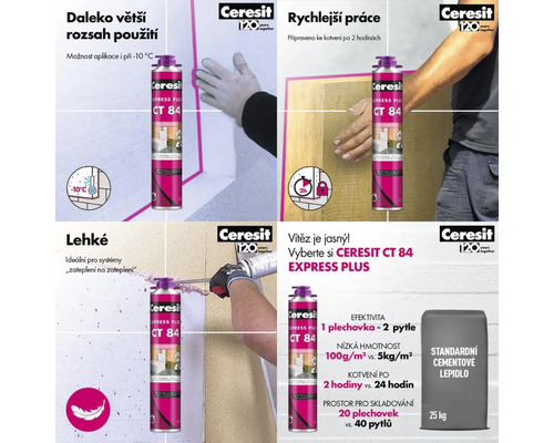 PU lepidlo Ceresit CT 84 Express Plus: aplikace při minus 10 stupních, rychlé kotvení a srovnání s cementovým lepidlem. Ceresit Logo.