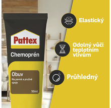 Pattex Logo, Chemoprén Obuv 50 mililitrů, elastické lepidlo na boty, odolné vůči teplotám a průhledné.