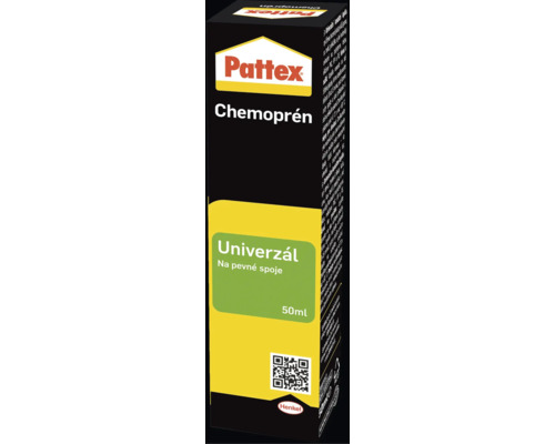 Pattex Chemoprén Univerzál, kontaktní lepidlo na pevné spoje, balení 50 mililitrů. Henkel Logo.