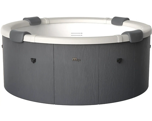 Kulatá vířivka s vnějším obložením ve vzhledu dřeva, bílou vnitřní stranou a čtyřmi opěrkami hlavy na okraji, MSpa Logo.