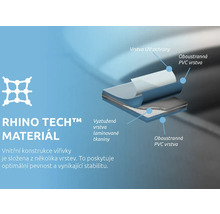Vrstvená konstrukce materiálu Rhino Tech pro vířivky s ochranou proti ultrafialovému záření, oboustrannou vrstvou polyvinylchloridu a tkaninou.