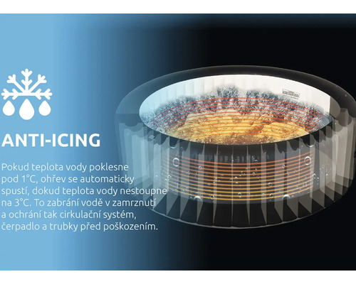 Nafukovací vířivka s funkcí Anti-Icing, která automaticky ohřívá vodu při nízkých teplotách, aby zabránila zamrznutí a poškození.