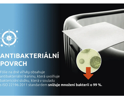 Antibakteriální povrch vířivky snižuje množení bakterií o 99 procent v souladu se standardem ISO 22196:2011.
