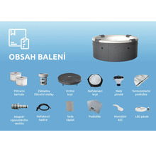 Obsah balení vířivky včetně filtračních kartuší, krytů, termoizolační podložky, hadice, sady záplat, montážního klíče a LED pásku.