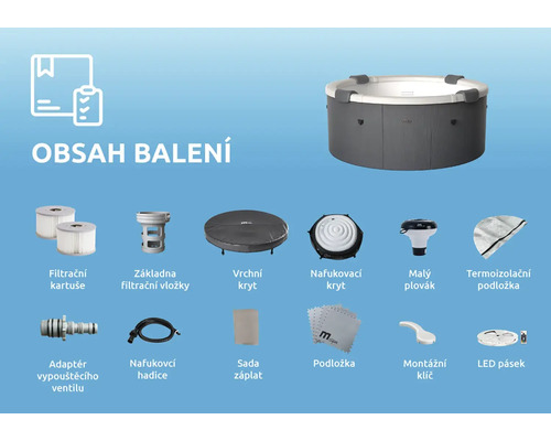 Obsah balení vířivky včetně filtračních kartuší, krytů, termoizolační podložky, hadice, sady záplat, montážního klíče a LED pásku.