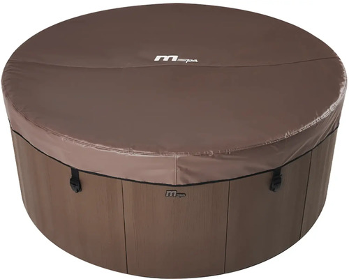 Kulatá vířivka MSpa s hnědým termokrytem a bočními stěnami s dekorem dřeva.