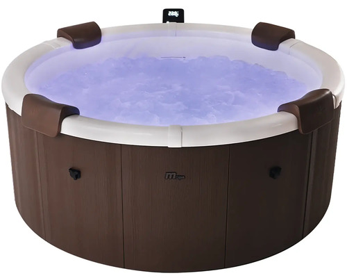 Kulatá vířivka ve vzhledu dřeva s bílým okrajem, čtyřmi opěrkami hlavy, modře osvětlenou bublající vodou a logem MSpa.