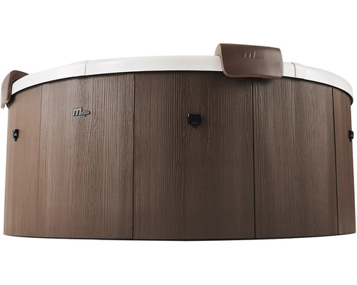 Vířivka MSpa s vnější stěnou v dekoru dřeva, bílým okrajem a opěrkami hlavy.