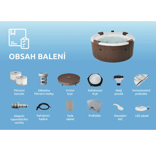 Obsah balení nafukovací vířivky: filtrační kartuše, kryty, podložka, hadice, LED pásek a montážní příslušenství.
