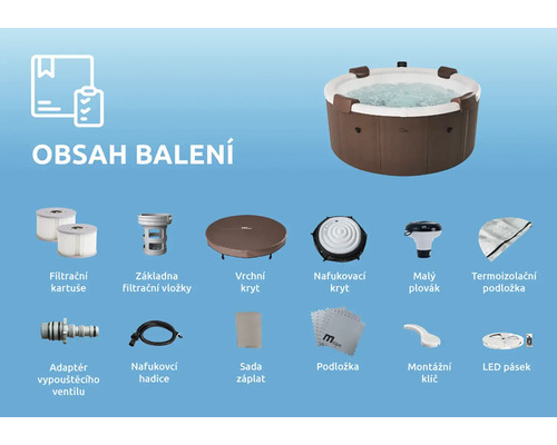 Obsah balení nafukovací vířivky: filtrační kartuše, kryty, podložka, hadice, LED pásek a montážní příslušenství.