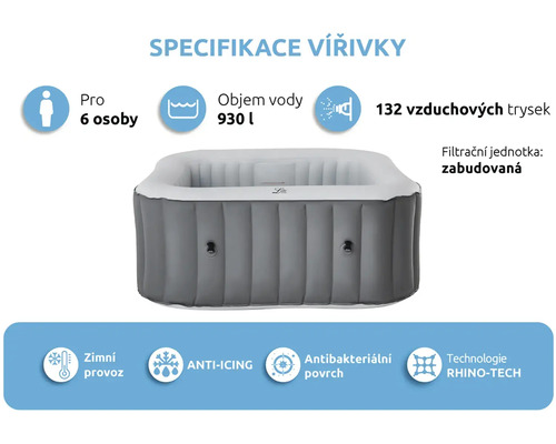 Infografika s technickými údaji pro nafukovací vířivku pro 6 osob, objem vody 930 litrů, 132 vzduchových trysek a zimní provoz.