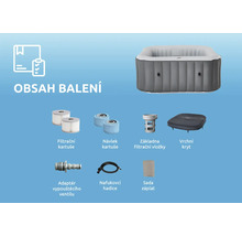 Obsah balení nafukovací vířivky: vířivka, dvě filtrační kartuše, návleky, základna vložky, vrchní kryt, adaptér ventilu, hadice a sada záplat.