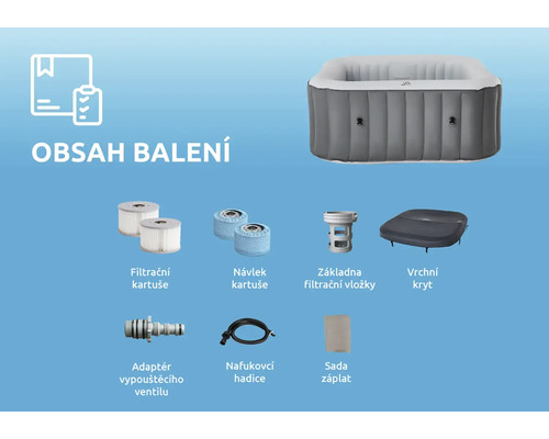 Obsah balení nafukovací vířivky: vířivka, dvě filtrační kartuše, návleky, základna vložky, vrchní kryt, adaptér ventilu, hadice a sada záplat.
