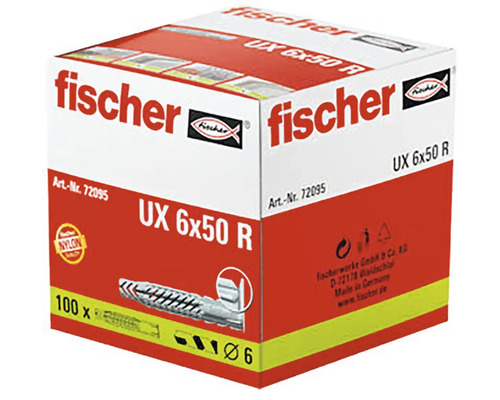 Univerzální hmoždinka fischer UX 6 krát 50 R z nylonu, balení 100 kusů, průměr 6 milimetrů, fischer Logo.