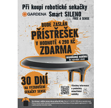 Akční nabídka na robotické sekačky Gardena Smart SILENO s garáží zdarma a třicetidenní lhůtou na vyzkoušení. Gardena Logo.