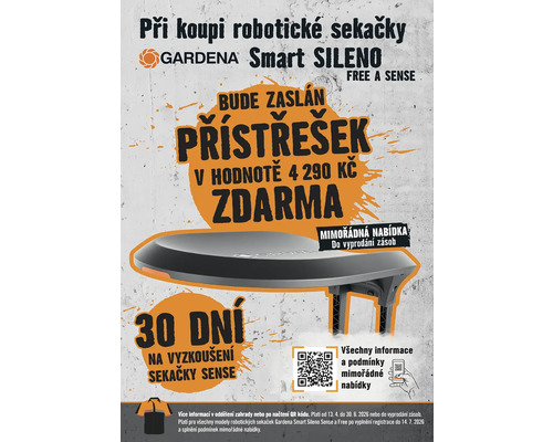 Akční nabídka na robotické sekačky Gardena Smart SILENO s garáží zdarma a třicetidenní lhůtou na vyzkoušení. Gardena Logo.