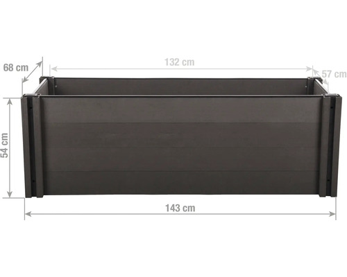 Vyvýšený záhon z plastu: výška 54 centimetrů, šířka 143 centimetrů, hloubka 68 centimetrů. Vnitřní rozměry 132 na 57 centimetrů.