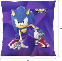 Čtvercový dekorativní polštář Sonic Prime s motivem Sonic, 45 krát 45 centimetrů.