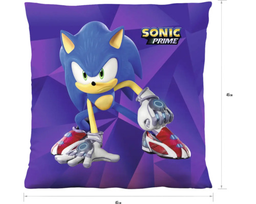 Čtvercový dekorativní polštář Sonic Prime s motivem Sonic, 45 krát 45 centimetrů.