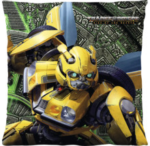 Polštář s motivem Bumblebee z filmu Transformers Probuzení monster a logem Transformers na vzorovaném pozadí.