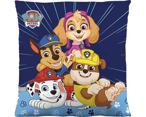 Čtvercový dekorativní polštář s Paw Patrol Logo a postavami Chase, Skye, Rubble a Marshall.