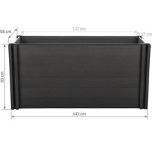 Antracitový vyvýšený záhon s rozměry: délka 143 centimetrů, šířka 68 centimetrů, výška 80 centimetrů.