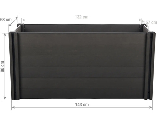Antracitový vyvýšený záhon s rozměry: délka 143 centimetrů, šířka 68 centimetrů, výška 80 centimetrů.