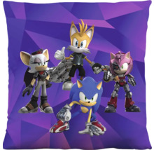 Čtvercový polštář s postavami Sonic the Hedgehog, Tails, Amy Rose a Rouge ze Sonic Prime na fialovém geometrickém pozadí.