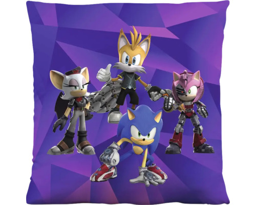 Čtvercový polštář s postavami Sonic the Hedgehog, Tails, Amy Rose a Rouge ze Sonic Prime na fialovém geometrickém pozadí.
