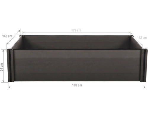 Obdélníkový vyvýšený záhon z WPC s rozměry: šířka 183 centimetrů, hloubka 143 centimetrů, výška 54 centimetrů.