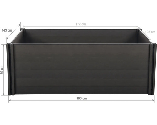 Plastový vyvýšený záhon s rozměry: šířka 183 centimetrů, hloubka 143 centimetrů, výška 80 centimetrů.