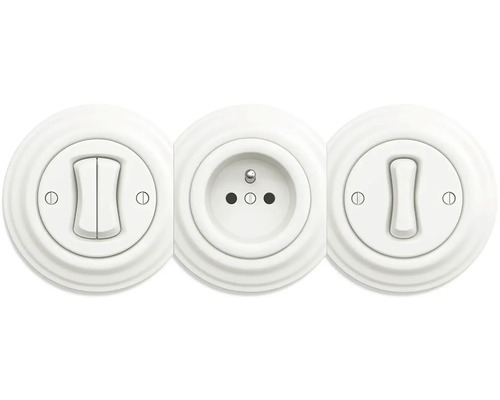 Kombinace kulatého bílého dvojitého spínače, švýcarské zásuvky typu J a jednoduchého spínače v retro designu.