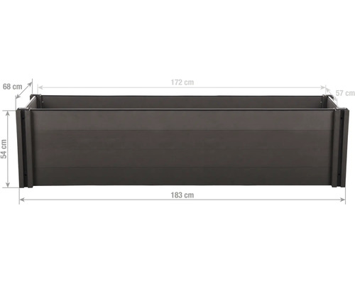 Obdélníkový vyvýšený záhon s rozměry: šířka 183 centimetrů, hloubka 68 centimetrů a výška 54 centimetrů.