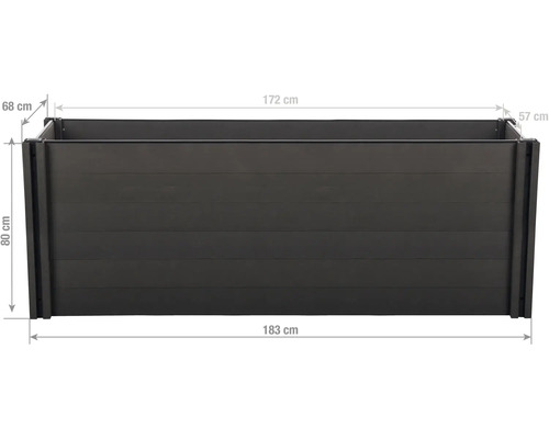 Vyvýšený záhon z plastu s rozměry: šířka 183 centimetrů, výška 80 centimetrů, hloubka 68 centimetrů.