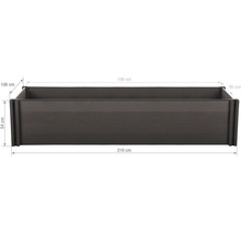 Plastový vyvýšený záhon v antracitové barvě s rozměry: délka 210 centimetrů, šířka 106 centimetrů, výška 54 centimetrů.