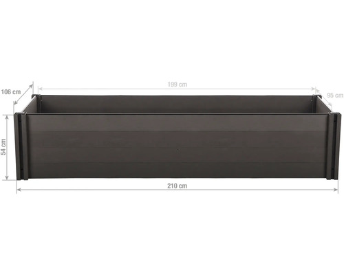 Plastový vyvýšený záhon v antracitové barvě s rozměry: délka 210 centimetrů, šířka 106 centimetrů, výška 54 centimetrů.