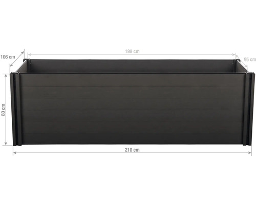 Tmavě šedý vyvýšený záhon z WPC s rozměry: šířka 210 centimetrů, výška 80 centimetrů, hloubka 106 centimetrů.