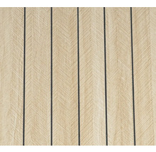 Světlá podlahová krytina s dekorem dřeva, chevronovým vzorem a černými spárami.