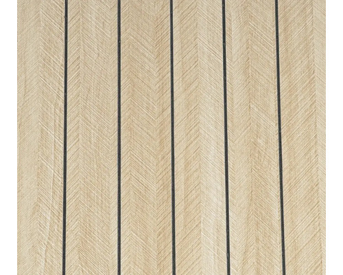 Světlá podlahová krytina s dekorem dřeva, chevronovým vzorem a černými spárami.