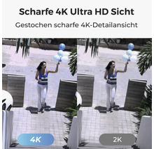 Srovnání ostrosti obrazu mezi rozlišením 4K Ultra HD a 2K na záběru osoby ve venkovním prostoru.