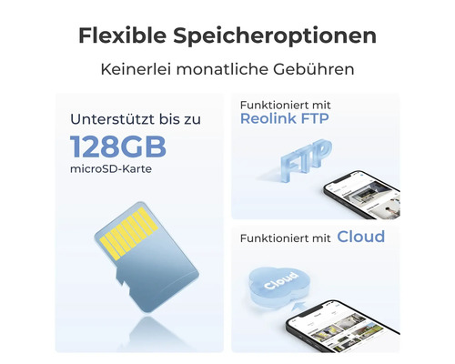 Flexibilní možnosti ukládání bez měsíčních poplatků: podporuje až 128 Gigabyte microSD kartu, Reolink FTP a cloudové úložiště.