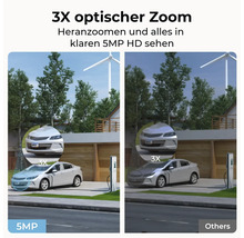 Porovnání obrazu bezpečnostní kamery s trojnásobným optickým zoomem a rozlišením 5 megapixelů u auta oproti běžné kvalitě.