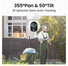 Bezpečnostní kamera Reolink, otáčení 355 stupňů, náklon 50 stupňů, trojnásobný optický zoom a automatické sledování osoby na zahradě.