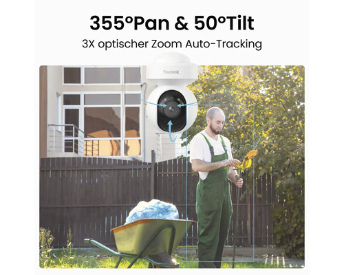 Bezpečnostní kamera Reolink, otáčení 355 stupňů, náklon 50 stupňů, trojnásobný optický zoom a automatické sledování osoby na zahradě.