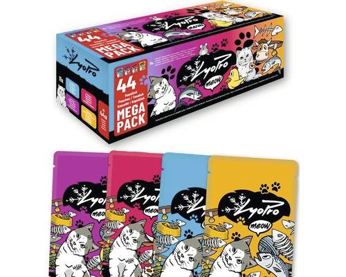 Krmivo pro kočky LyoPro meow Mega Pack se 44 kapsičkami různých druhů.