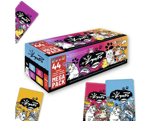 Mega balení krmiva pro kočky Lyopro Meow, 44 kapsiček s různými příchutěmi.