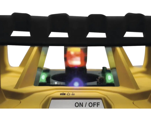 Detailní pohled na stavební laser s kontrolkami a vypínačem.